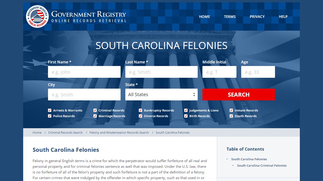 South Carolina Felonies | GovernmentRegistry.org